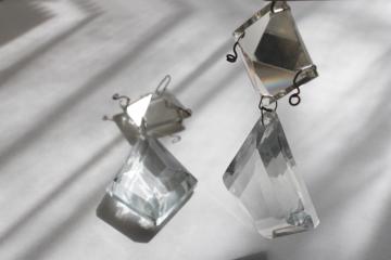 catalog photo of pair of large old crystal lamp prisms, diamond teardrops w/ square pyramid beads 
