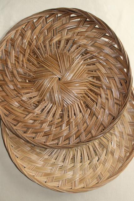 photo of pair of large round basket trays, vintage woven straw herb drying baskets #1