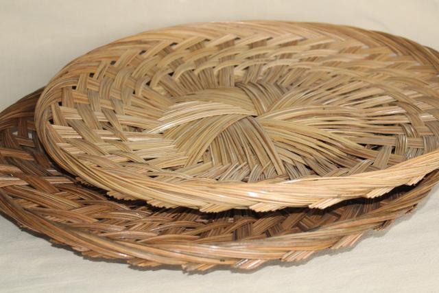 photo of pair of large round basket trays, vintage woven straw herb drying baskets #3