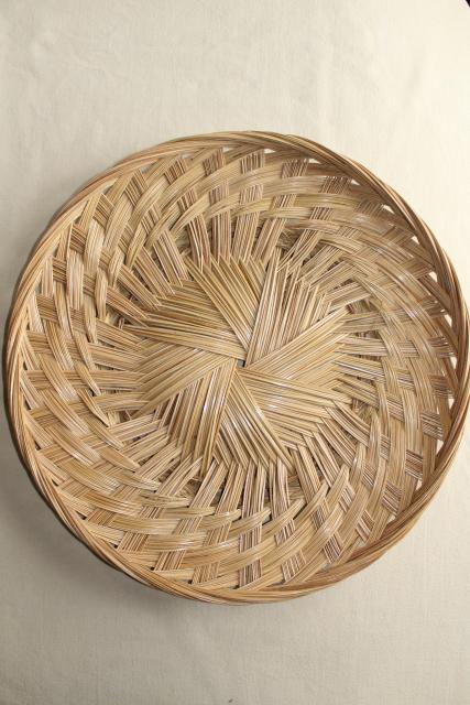 photo of pair of large round basket trays, vintage woven straw herb drying baskets #4