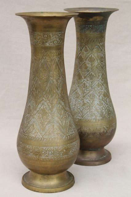 photo of pair of large vintage etched brass vases, tall tarnished brass urns #1