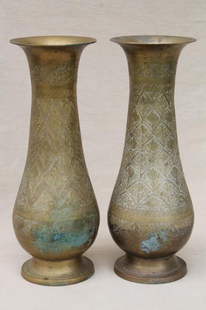 photo of pair of large vintage etched brass vases, tall tarnished brass urns #2