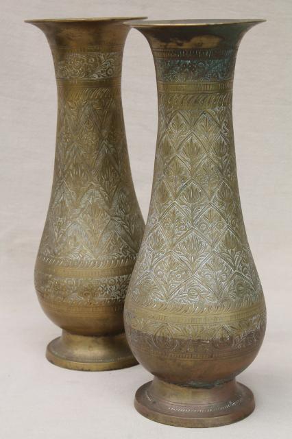 photo of pair of large vintage etched brass vases, tall tarnished brass urns #3