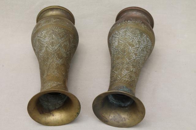 photo of pair of large vintage etched brass vases, tall tarnished brass urns #4