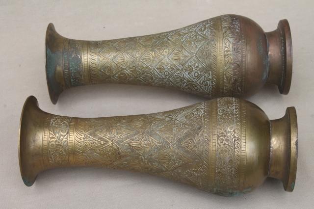 photo of pair of large vintage etched brass vases, tall tarnished brass urns #5