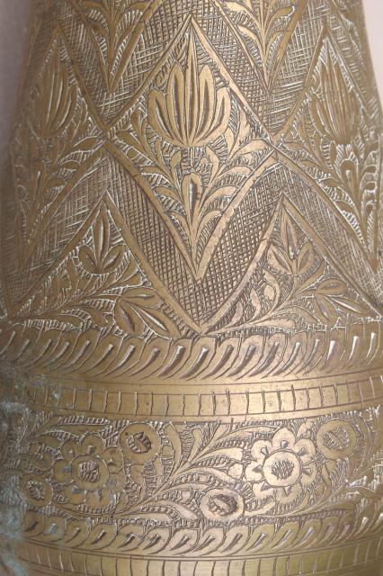 photo of pair of large vintage etched brass vases, tall tarnished brass urns #8