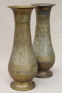 catalog photo of pair of large vintage etched brass vases, tall tarnished brass urns