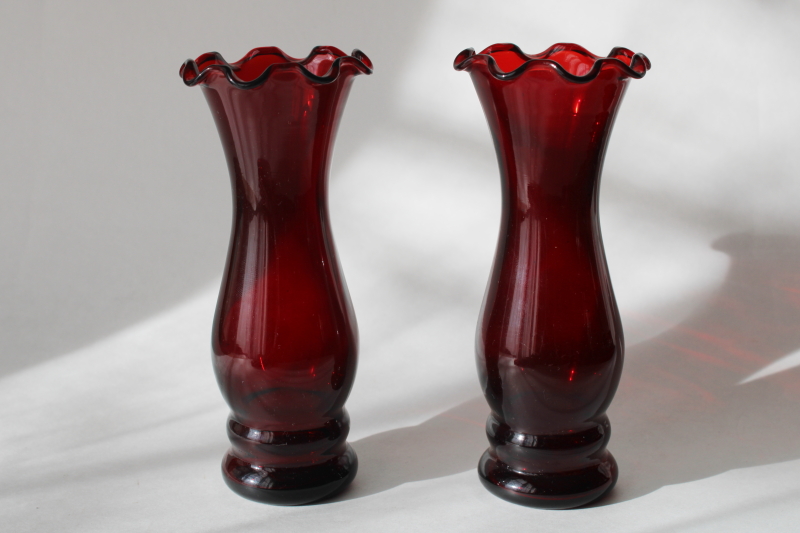 photo of pair of little glass bud vases, vintage Anchor Hocking royal ruby red glass  #1