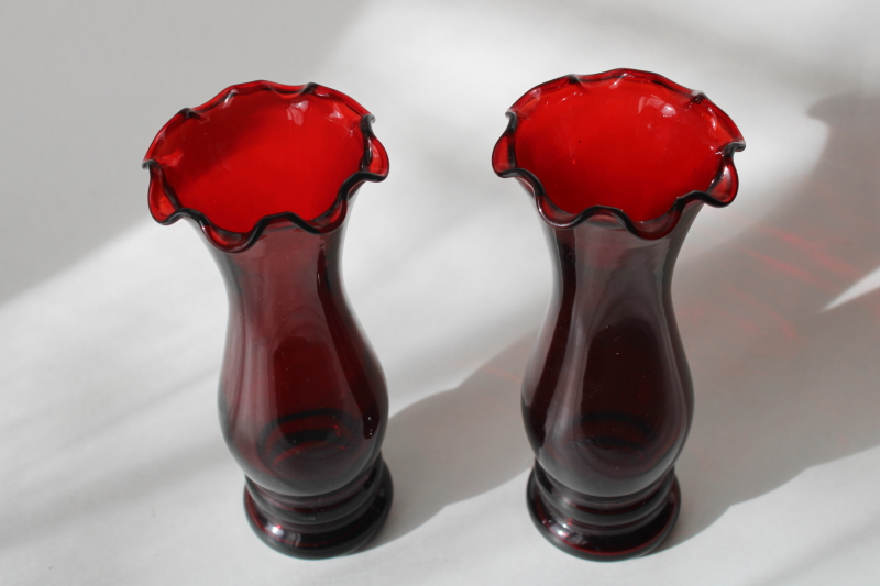 photo of pair of little glass bud vases, vintage Anchor Hocking royal ruby red glass  #2