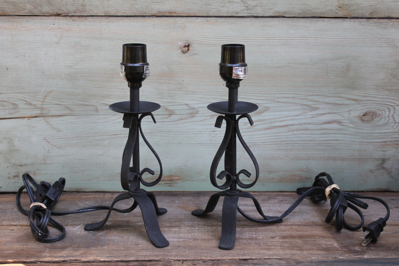 photo of pair of mini lamps, vintage primitive forged style black iron lamps for cottage or country kitchen  #1