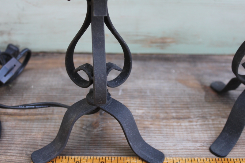 photo of pair of mini lamps, vintage primitive forged style black iron lamps for cottage or country kitchen #5