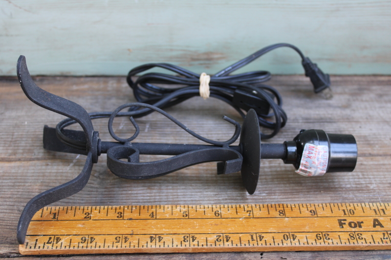 photo of pair of mini lamps, vintage primitive forged style black iron lamps for cottage or country kitchen #6