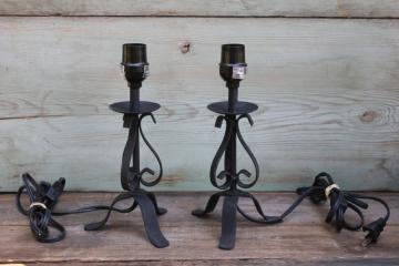 pair of mini lamps, vintage primitive forged style black iron lamps for cottage or country kitchen 