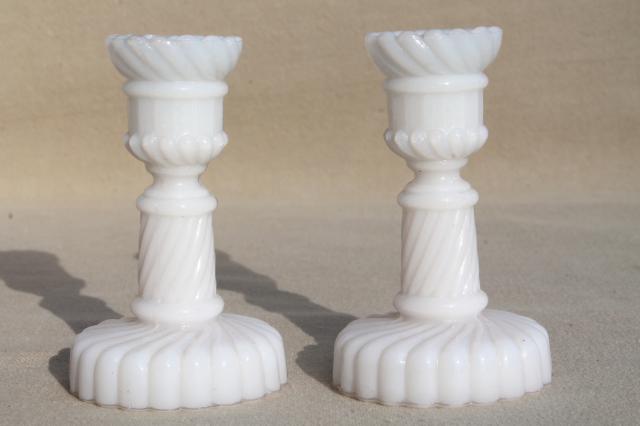 photo of pair of miniature milk glass candlesticks, vintage candle holders sized for birthday candles #2