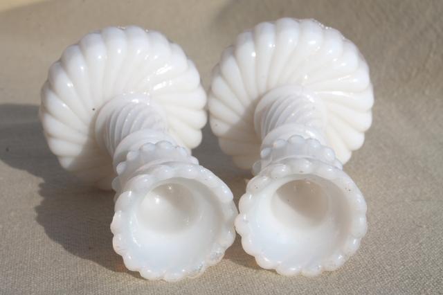 photo of pair of miniature milk glass candlesticks, vintage candle holders sized for birthday candles #4