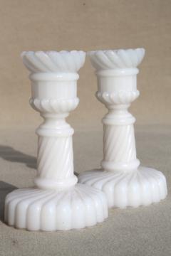 catalog photo of pair of miniature milk glass candlesticks, vintage candle holders sized for birthday candles