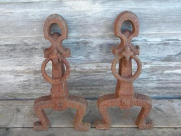 catalog photo of pair of old Arts & Crafts vintage cast iron fireplace andiron guard