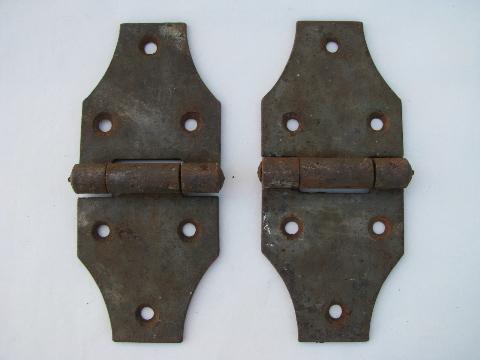 photo of pair of old antique iron primitive hinges for large chest or trunk #1