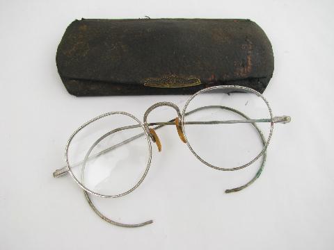 photo of pair of old antique spectacles w/ornate frames & leatherette case #1