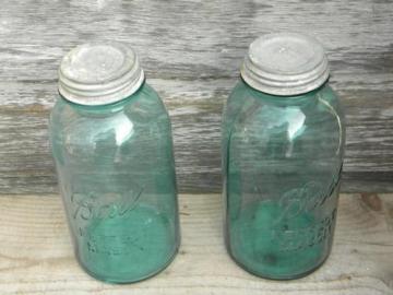 catalog photo of pair of old blue glass Ball mason jar storage canisters w/ lids, 2 qt size