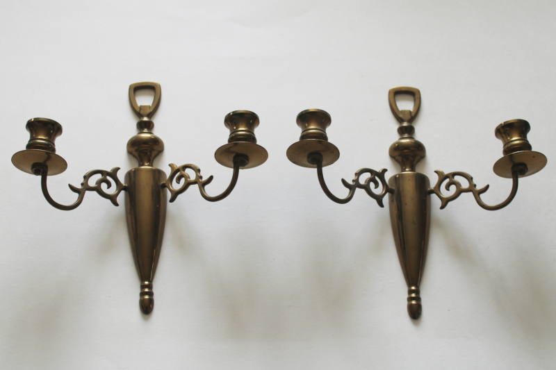 photo of pair of old brass candle sconces, tarnished vintage brassware wall hanging candleholders  #1