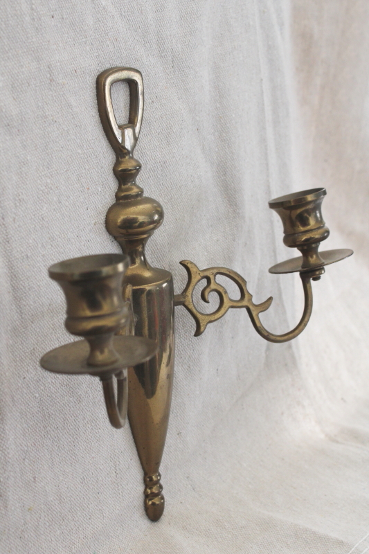 photo of pair of old brass candle sconces, tarnished vintage brassware wall hanging candleholders  #2