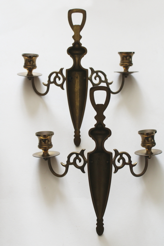 photo of pair of old brass candle sconces, tarnished vintage brassware wall hanging candleholders  #3