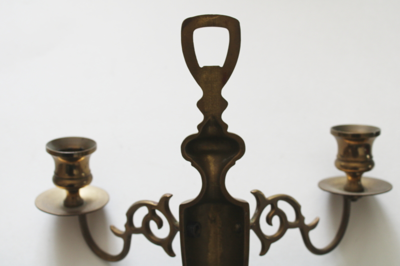 photo of pair of old brass candle sconces, tarnished vintage brassware wall hanging candleholders  #5