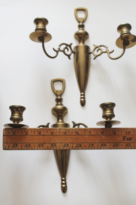 photo of pair of old brass candle sconces, tarnished vintage brassware wall hanging candleholders  #6