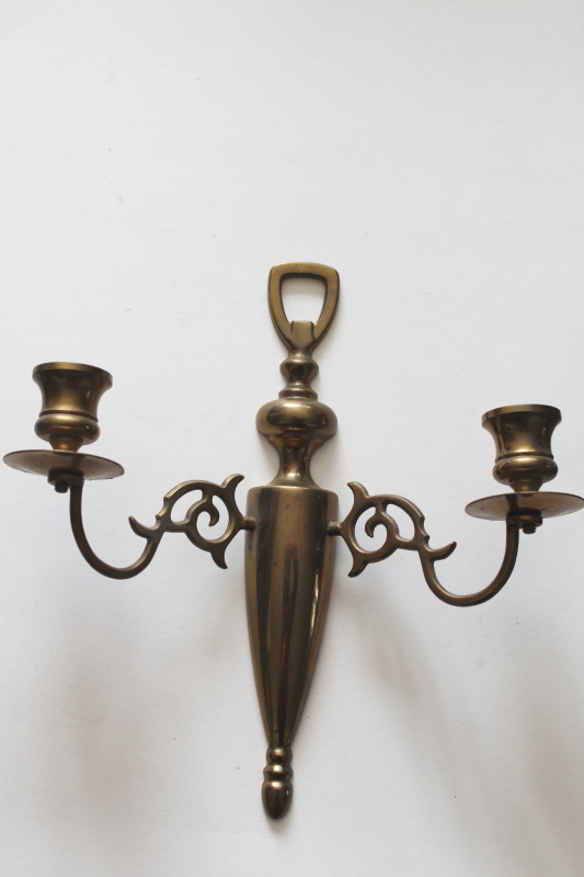 photo of pair of old brass candle sconces, tarnished vintage brassware wall hanging candleholders  #8