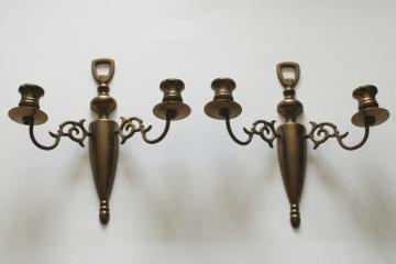 catalog photo of pair of old brass candle sconces, tarnished vintage brassware wall hanging candleholders 
