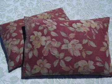 catalog photo of pair of old feather pillows, lovely vintage floral cotton fabric covers