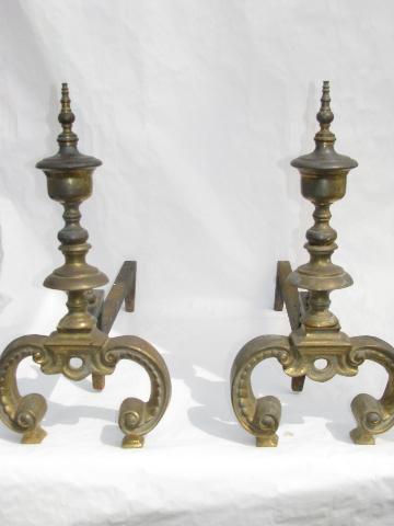 photo of pair of old solid brass fireplace andirons, early century vintage #1