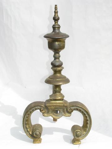 photo of pair of old solid brass fireplace andirons, early century vintage #2