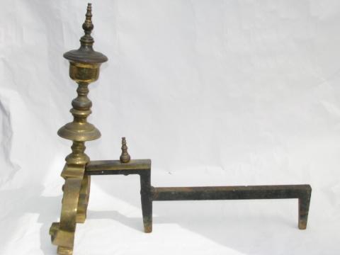 photo of pair of old solid brass fireplace andirons, early century vintage #3