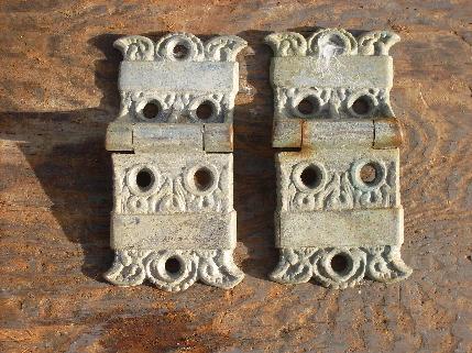 photo of pair of ornate antique Arts & Crafts, Eastlake vintage, cast metal icebox hinges/hardware #1