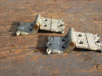 photo of pair of ornate antique Arts & Crafts, Eastlake vintage, cast metal icebox hinges/hardware #3