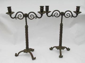 catalog photo of pair of ornate antique brass gaslight candelabra candlestick banquet lamps, circa 1890s