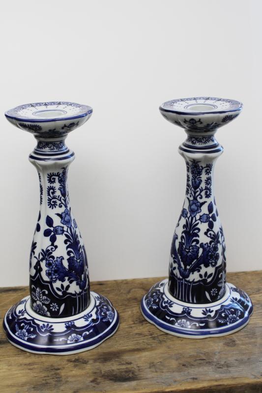 photo of pair of oversized tall candlesticks, blue & white china chinoiserie candle holders #1