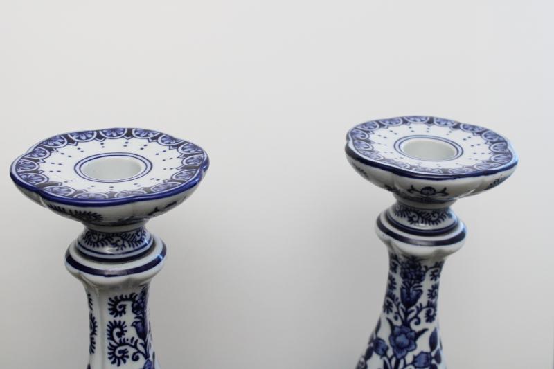 photo of pair of oversized tall candlesticks, blue & white china chinoiserie candle holders #2