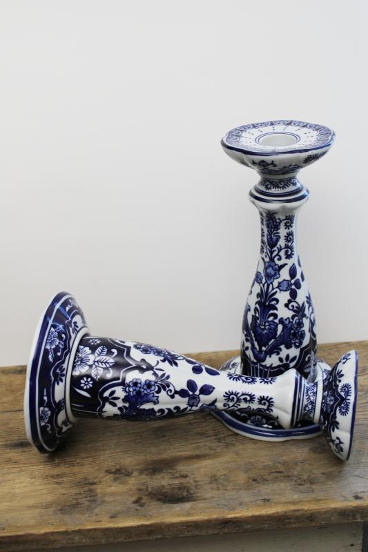 photo of pair of oversized tall candlesticks, blue & white china chinoiserie candle holders #4