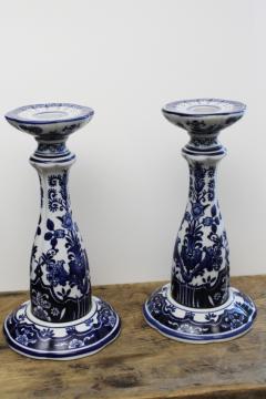 catalog photo of pair of oversized tall candlesticks, blue & white china chinoiserie candle holders