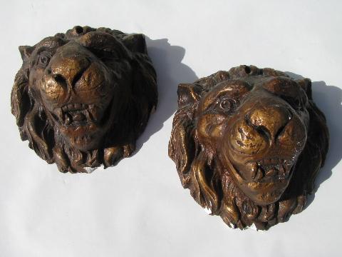 photo of pair of plaster lions, vintage gothic renaissance heraldric wall plaques, Italian villa #1