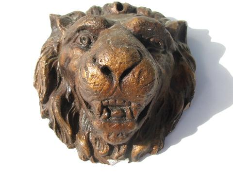 photo of pair of plaster lions, vintage gothic renaissance heraldric wall plaques, Italian villa #3