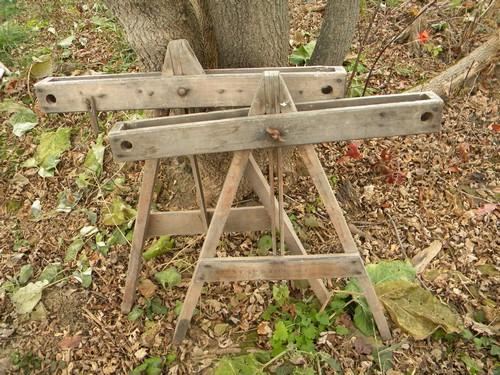 photo of pair of primitive antique quilting frame ends for hand sewing quilts #1