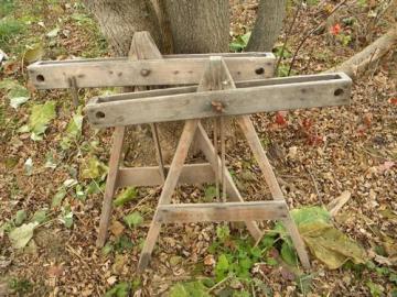 catalog photo of pair of primitive antique quilting frame ends for hand sewing quilts