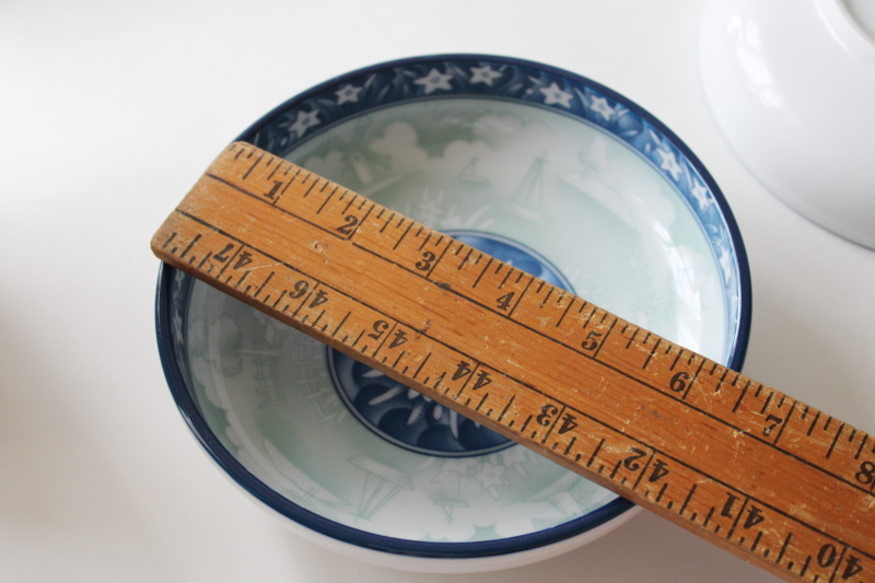 photo of pair of rice bowls vintage Korea porcelain, celedon green, blue & white windmills, sail boats  #6