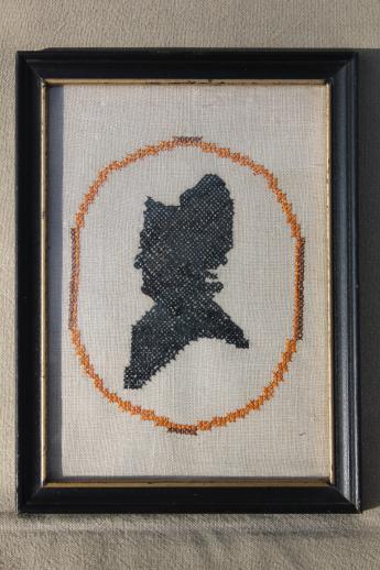 photo of pair of silhouette portraits, framed vintage needlework embroidered pictures #4