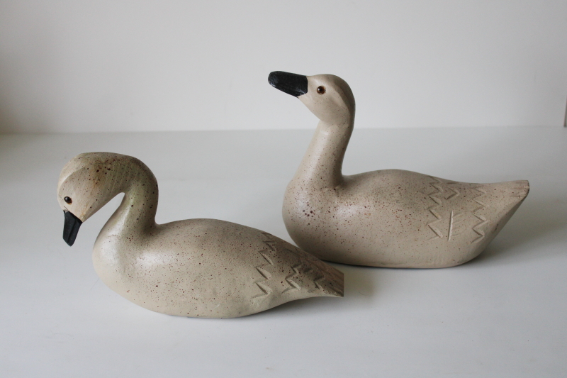 photo of pair of small swans, primitive folk art style decorative swan decoys, composition carved wood #2