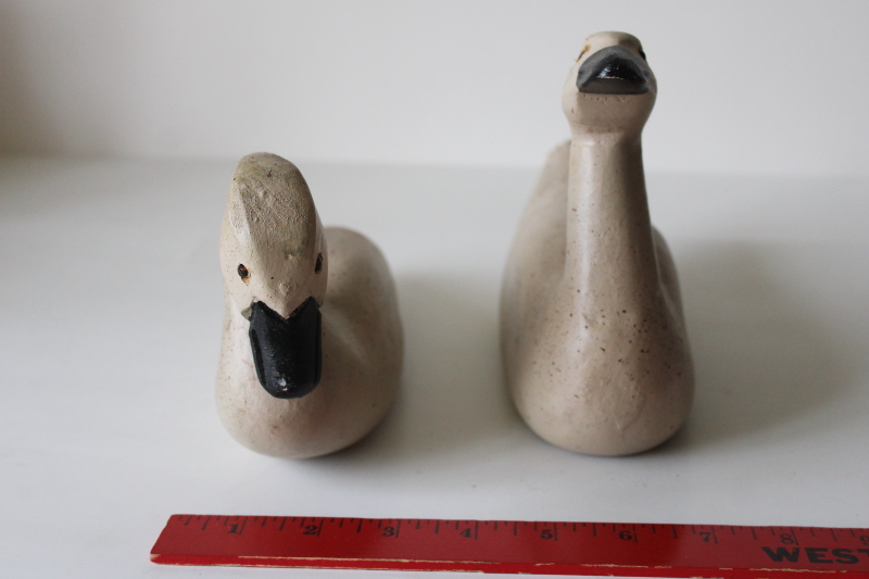 photo of pair of small swans, primitive folk art style decorative swan decoys, composition carved wood #5